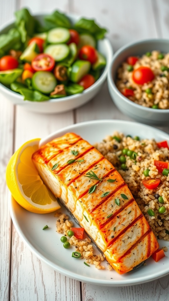 Grilled salmon with lemon and herbs next to a colorful quinoa salad on a rustic table.